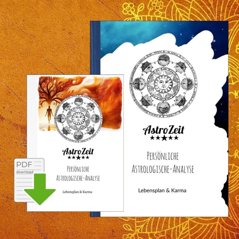 Frau sitzt nachdenklich vor einem astrologischen Hintergrund mit "Lebensplan & Karma".
