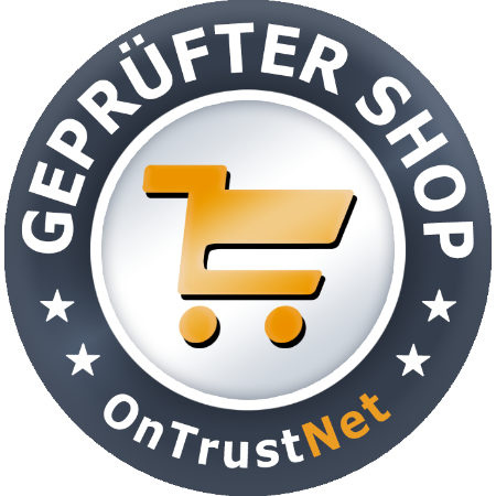 Logo für "Geprüfter Shop" mit Einkaufswagen und OnTrustNet-Symbol.
