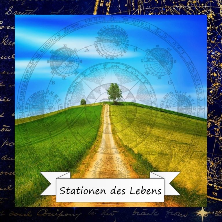 Eine kurvige Weglandschaft mit einem Baum unter blauem Himmel und dem Text "Stationen des Lebens".