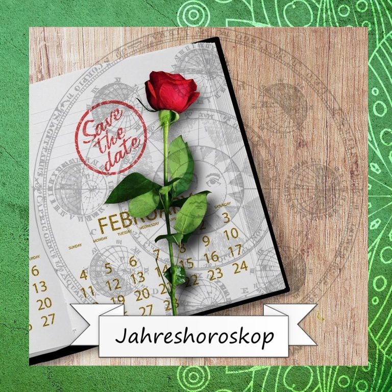 Ein Kalenderblatt mit einer roten Rose und dem Text "Jahreshoroskop".