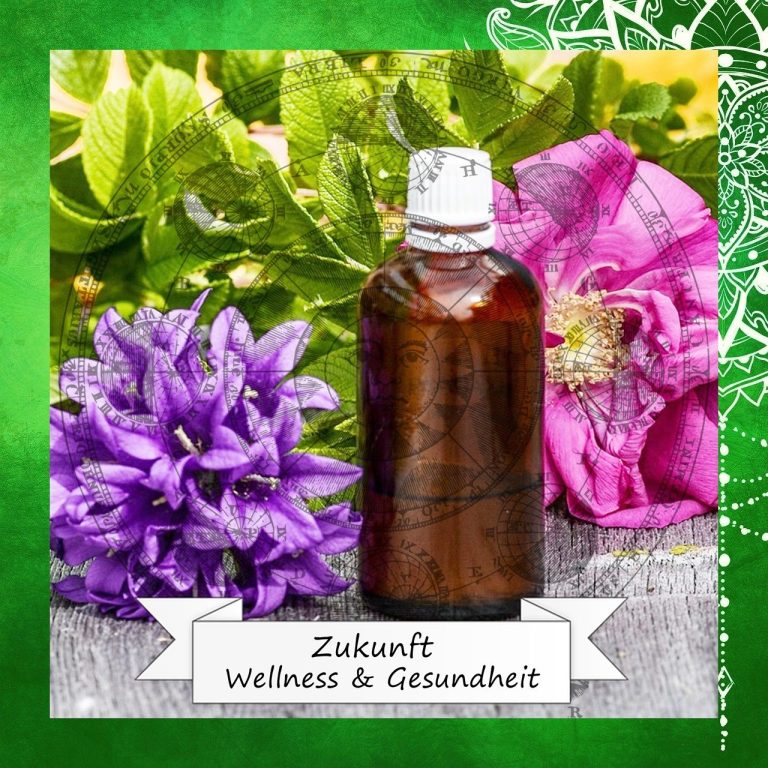Braune Flasche mit Kräutern und Blumen im Hintergrund, beschriftet "Zukunft Wellness & Gesundheit".