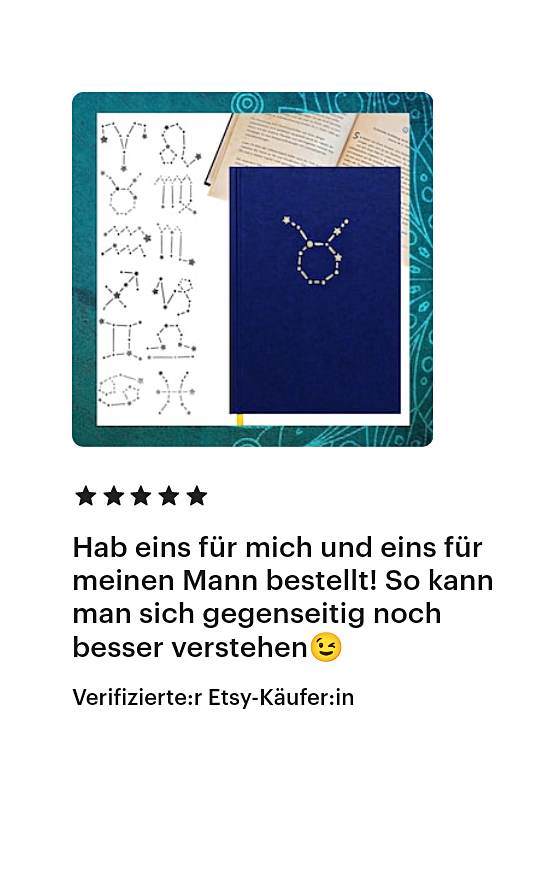 Sternebewertung und Notizbuch mit Sternzeichen Symbol sowie handschriftlichen Notizen.