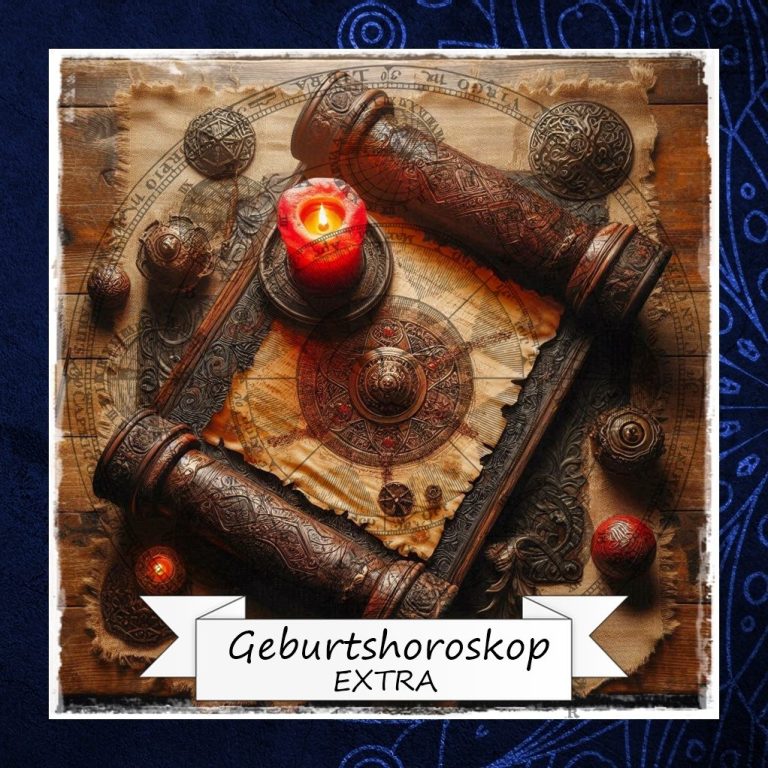 Ein mystischer Tisch mit einem roten Kerzenlicht und astrologischen Symbolen.