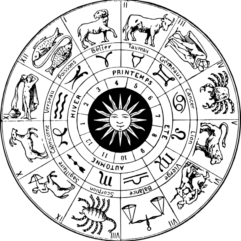 Horoskop-Zyklus mit Zodiac-Symbolen und Sonne in der Mitte.