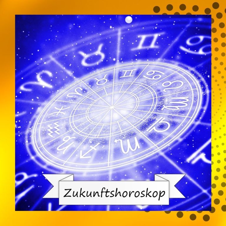 Zukunftshoroskop mit astrologischen Symbolen auf blauem Hintergrund.