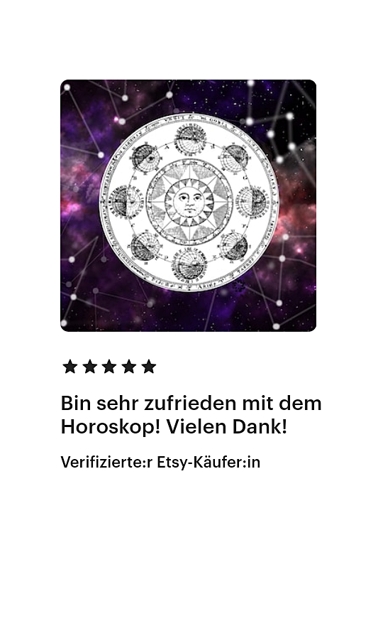 Kundenbewertung für Horoskop in einem stilvollen, mystischen Hintergrund.