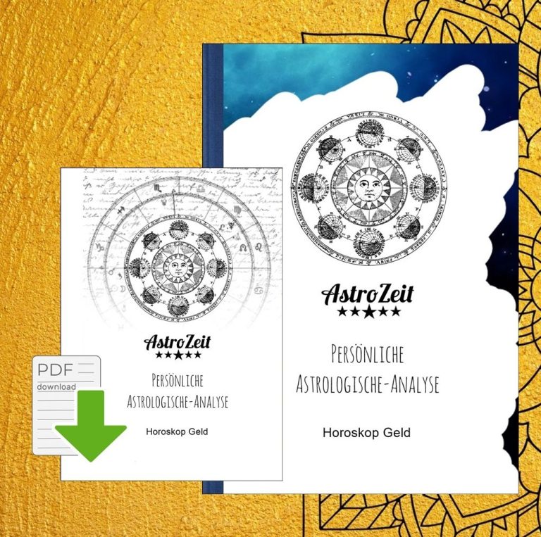 Drei gestapelte Münzen mit Pflänzchen, Hintergrund mit Horoskop-Symbolen.