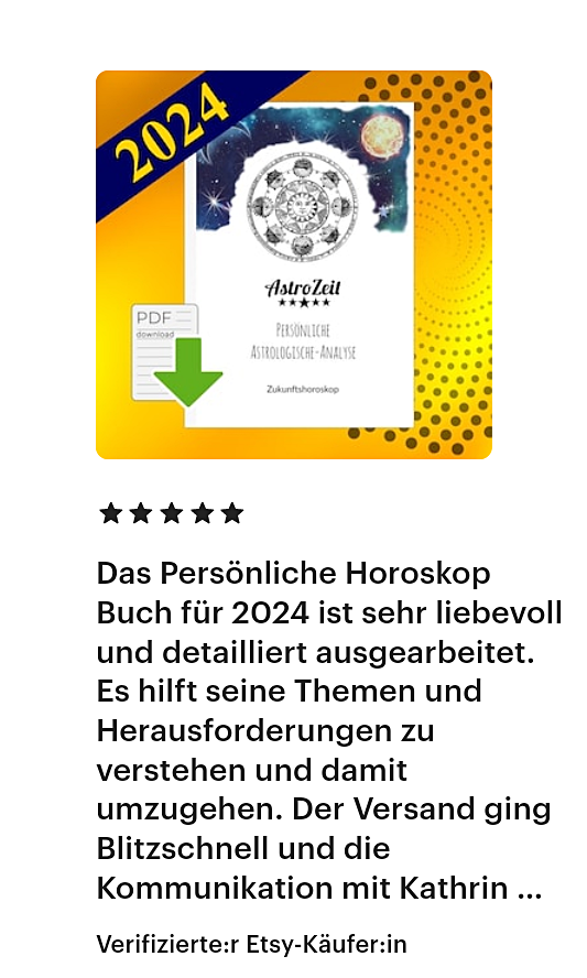 Persönliches Horoskopbuch für 2024 mit umfangreicher Beschreibung und thematischen Herausforderungen.