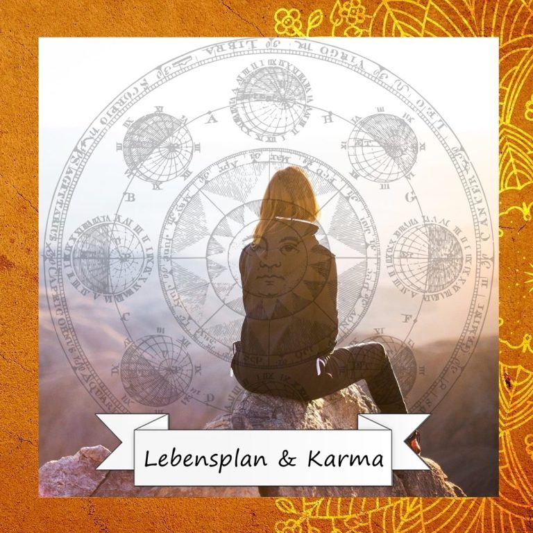 Frau sitzt nachdenklich vor einem astrologischen Hintergrund mit "Lebensplan & Karma".