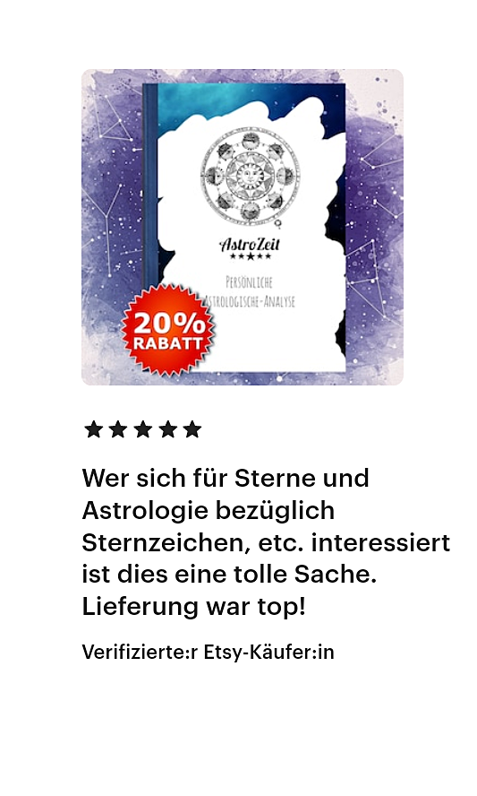 Ein Werbeplakat für astrologische Artikel mit Rabattangebot und Bewertung.